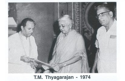 Rukmini Devi Arundale conferring the title “ Sangeetha Choodamani” on T.M.Thyagarajan in the year 1974.V.D.Swamy, past president , Krishna Gana Sabha look on.