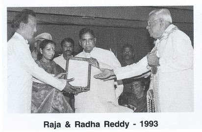 Chenna Reddy, Hon’ble Governor of Tamil Nadu conferring the title “ Nrithya Choodamani” on Raja & Radha Reddy -1993.R.Yagnaraman look on