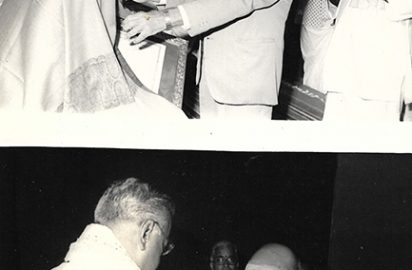 His Excellency Shri S.L.Khurana (Governor of Tamil Nadu) presenting the “Sangeetha Choodamani” award to Shri Trichy Sankaran .Sri .Yagnaraman look on .(04.08.1984)- (Top Picture) On the same occasion Sri R.Yagnaraman honouring Shri Semmangudi Srinivasa Iyer (04.08.1994)